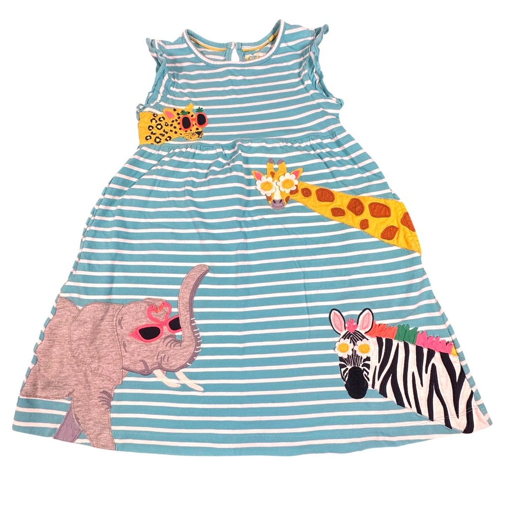 Mini Boden Girls Teal Striped Animal Applique Jersey Dress Size 9-10Y